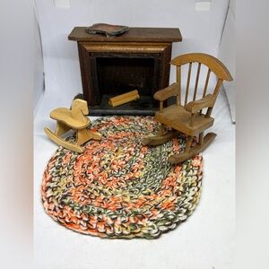 Vintage Fireplace rocking chair rocking horse rug Dollhouse Set